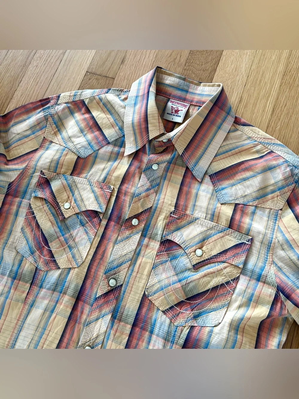 Vintage True Religion Mens Plaid Pearl Snap Shirt Large Western Style India